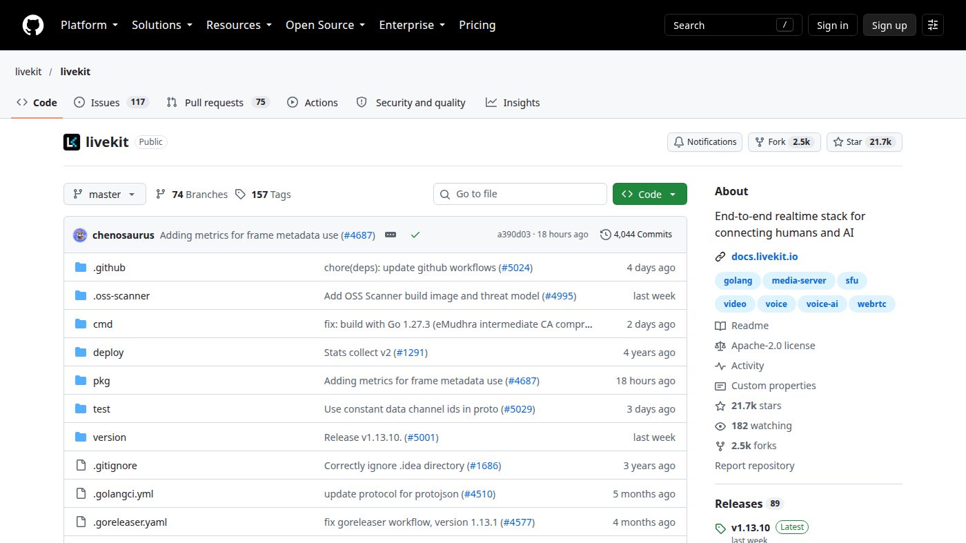 livekit/livekit GitHub file list: pkg and cmd folders, Apache-2.0 in About