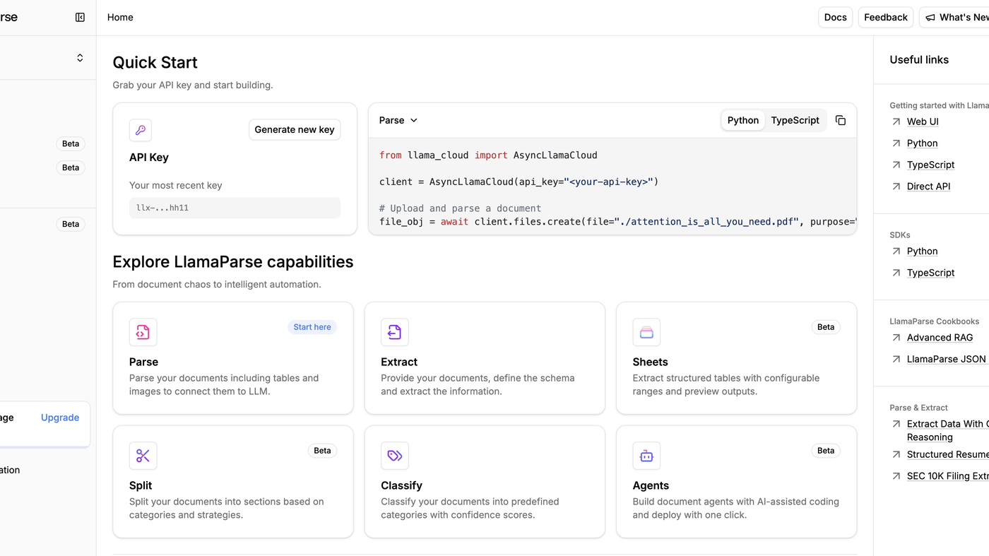 LlamaParse welcome: API key, Quickstart snippet, Parse and Extract cards