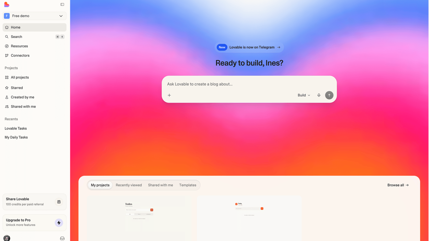Lovable dashboard: Ready to build composer and My projects