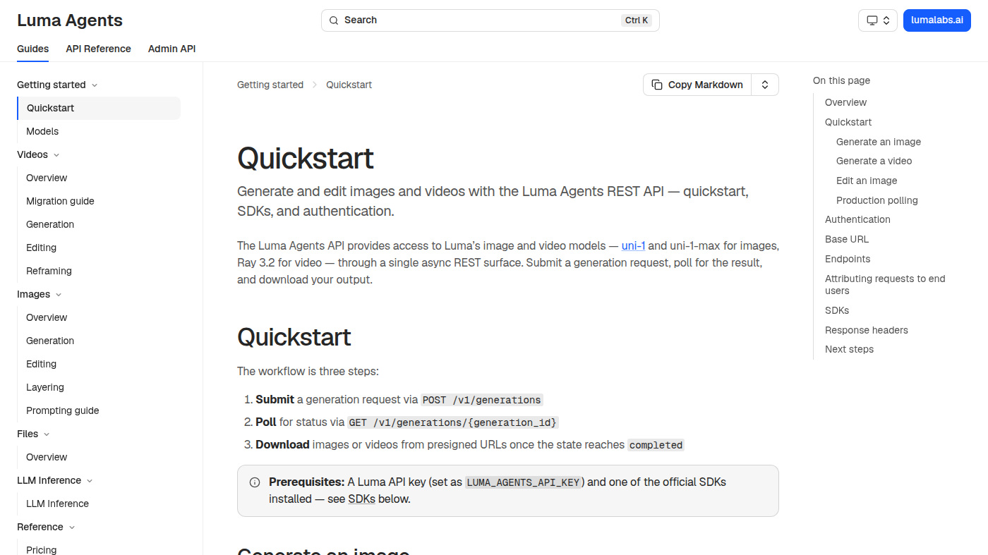 Luma Agents Quickstart: POST /v1/generations for Ray 3.2 and uni-1