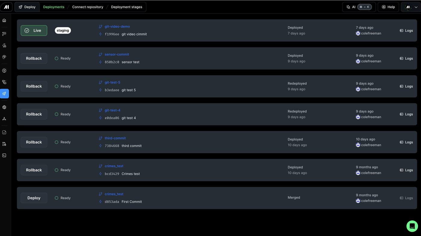 Mage Deployments table: Live/staging, git commits, Rollback, and logs