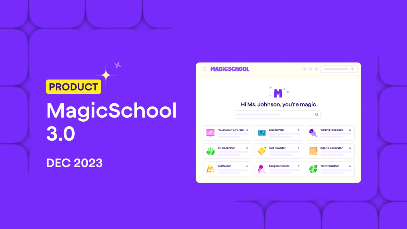 MagicSchool official 3.0 tools dashboard: Lesson Plan, IEP, Rubric, Presentation tiles