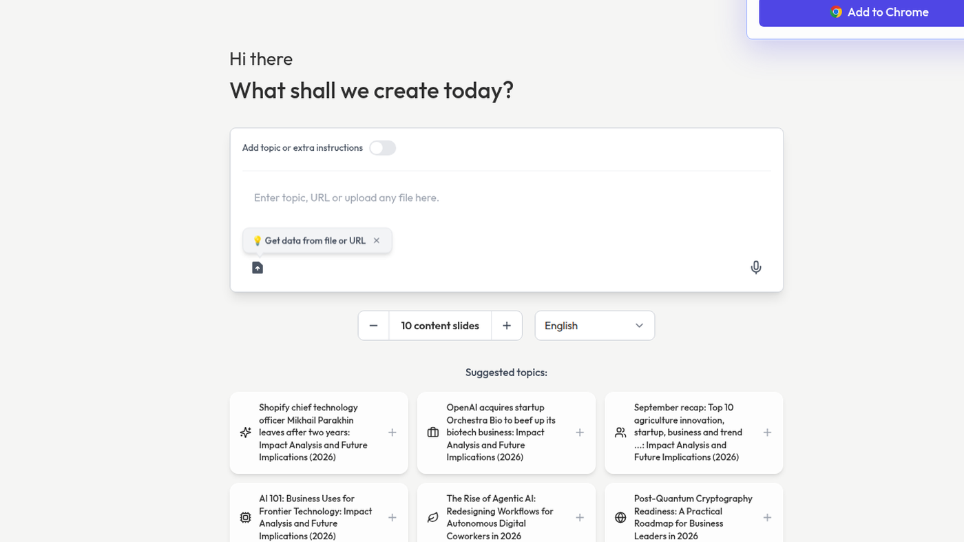 MagicSlides create composer: topic box, slide count, suggested topics