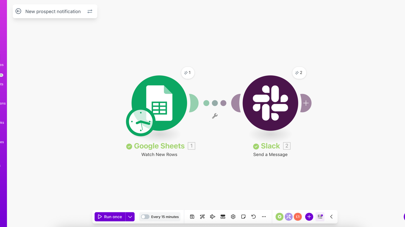 Make first-scenario canvas: Google Sheets Watch New Rows to Slack Send a Message