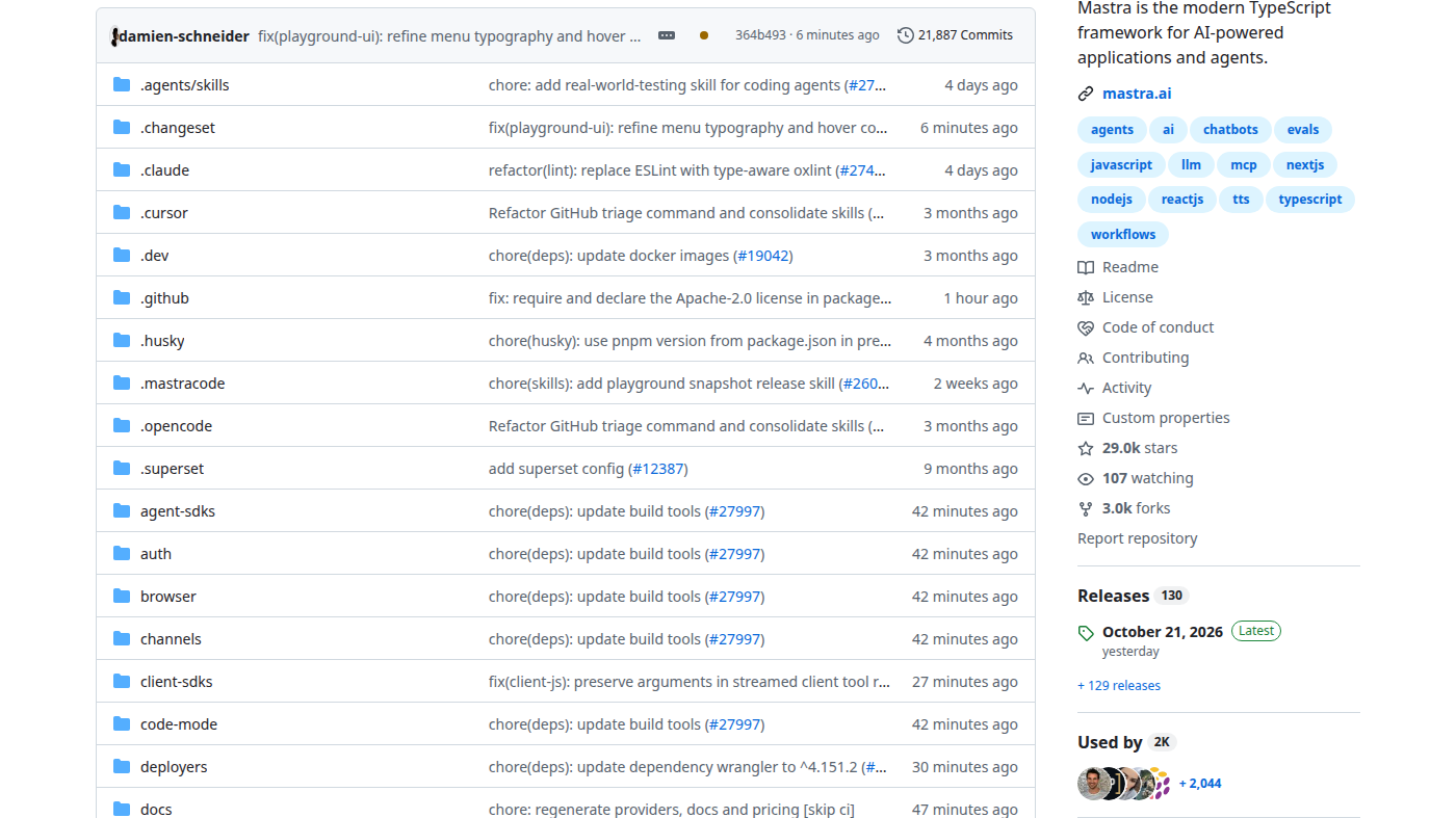 mastra-ai/mastra GitHub file list: .agents/skills, agent-sdks, Apache-2.0