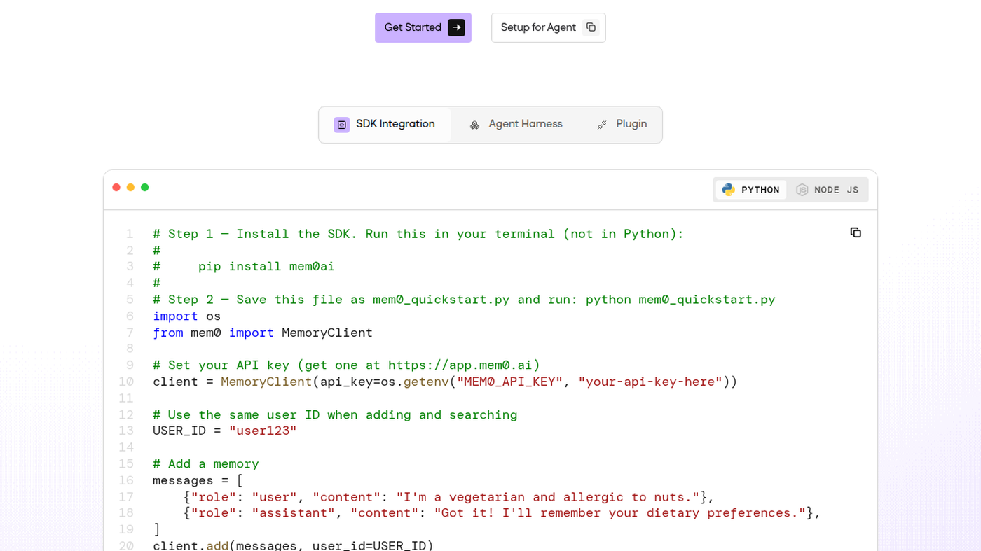 Mem0 official SDK quickstart window on the product homepage
