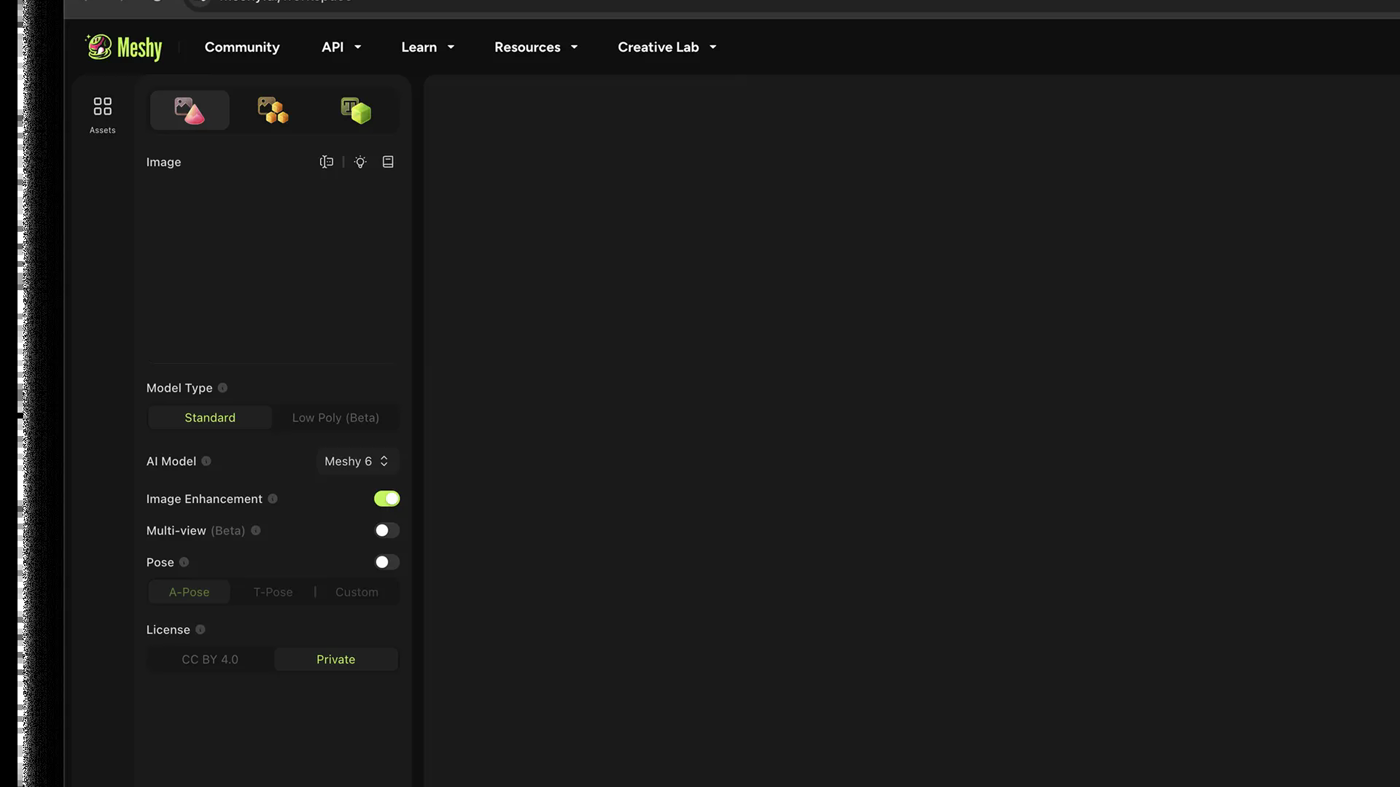 Meshy Image-to-3D workspace: meshy.ai/workspace, Model Type, Meshy 6, Multi-view toggles