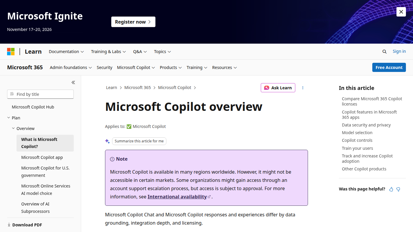 Microsoft Learn: Microsoft Copilot overview documentation