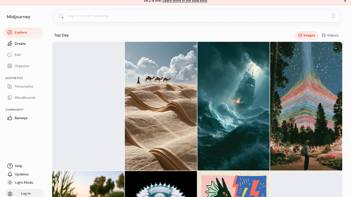 Midjourney Explore gallery with Create, Edit, and Organize sidebar