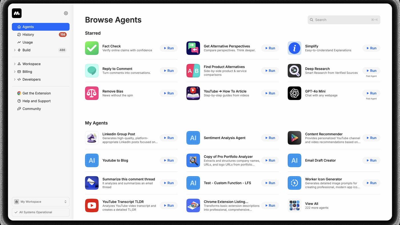 MindStudio workspace: Browse Agents, Starred and My Agents cards with Run