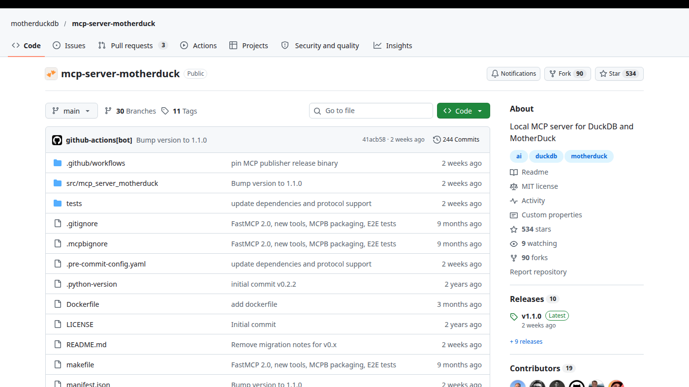 motherduckdb/mcp-server-motherduck GitHub file list: MIT MCP for DuckDB and MotherDuck