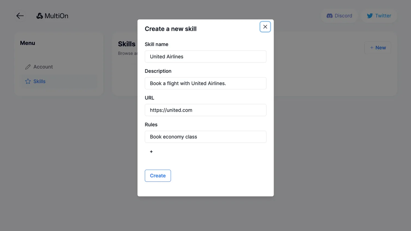 MultiOn Skills Screen: Create a new skill with name, URL, and rules MultiOn Skills Screen: Create a new skill with name, URL, and rules