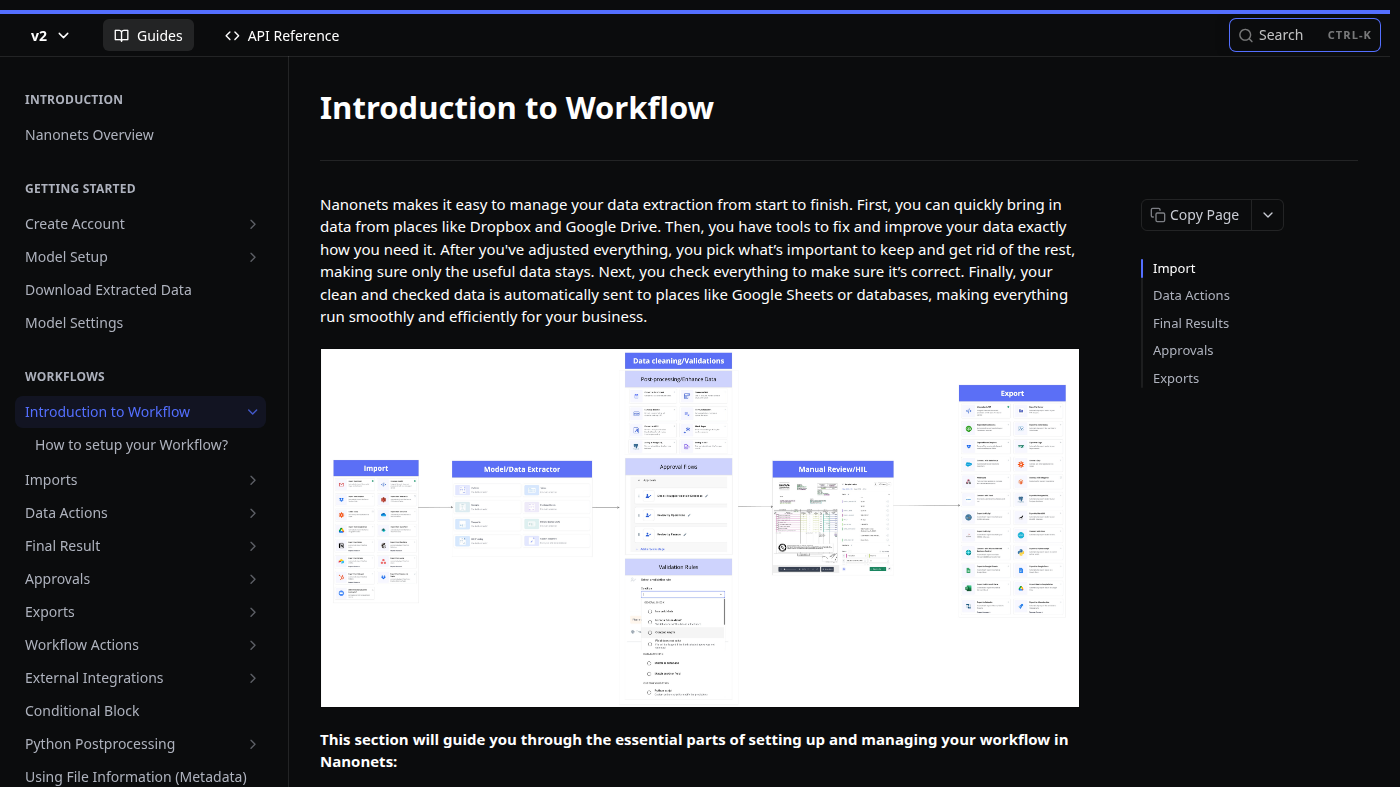 Nanonets docs: Introduction to Workflow with import-extract-approve-export canvas
