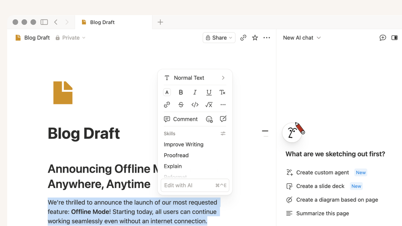 Notion page with Edit with AI menu and New AI chat sidebar