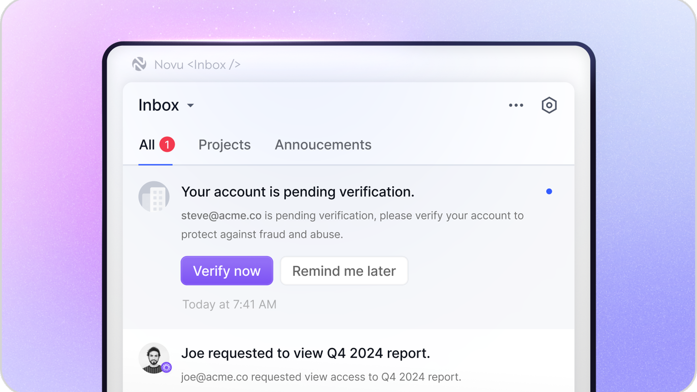 Novu Inbox widget: tabs, verification row, and Verify now action buttons