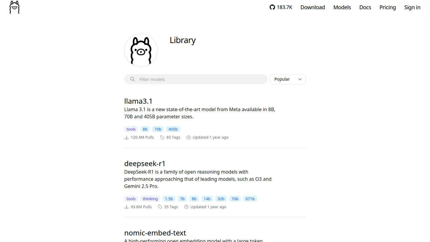 Ollama model library UI with Llama 3.1 and DeepSeek-R1 cards
