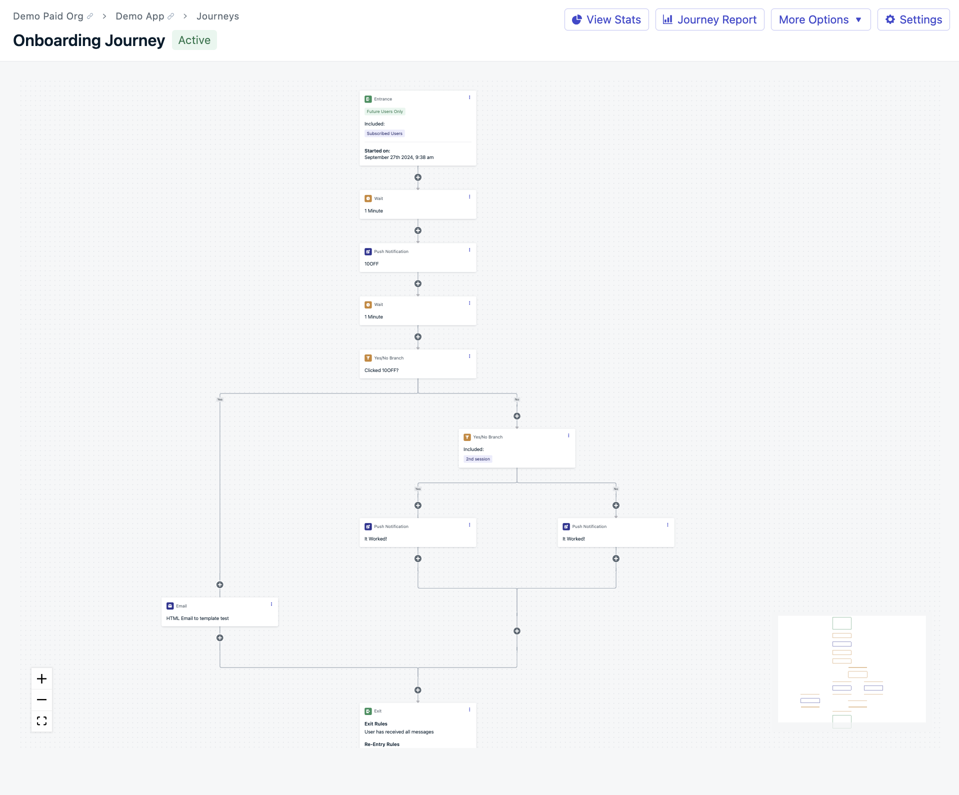 OneSignal Journeys: Demo App Onboarding Journey with wait, push, and email nodes