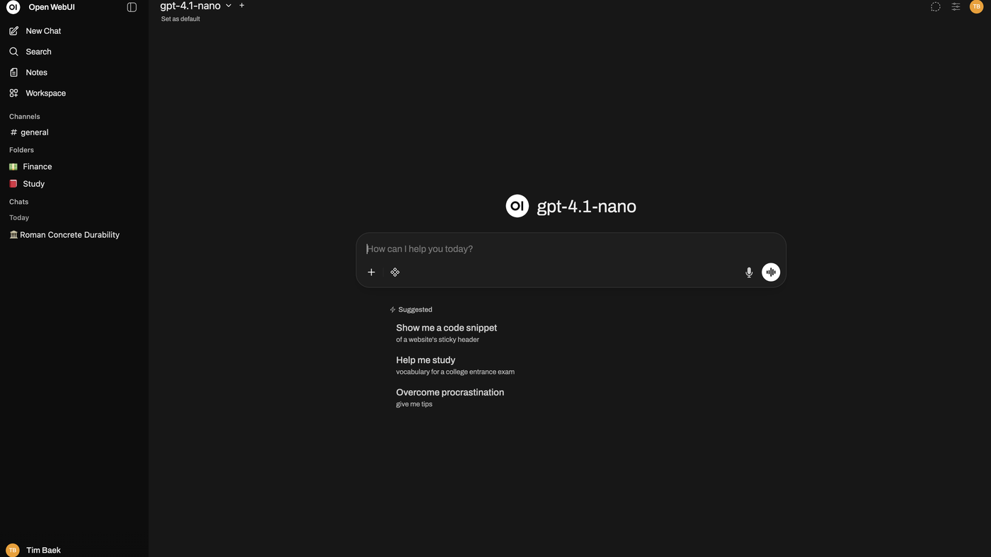 Open WebUI chat: sidebar, model picker, How can I help you today?