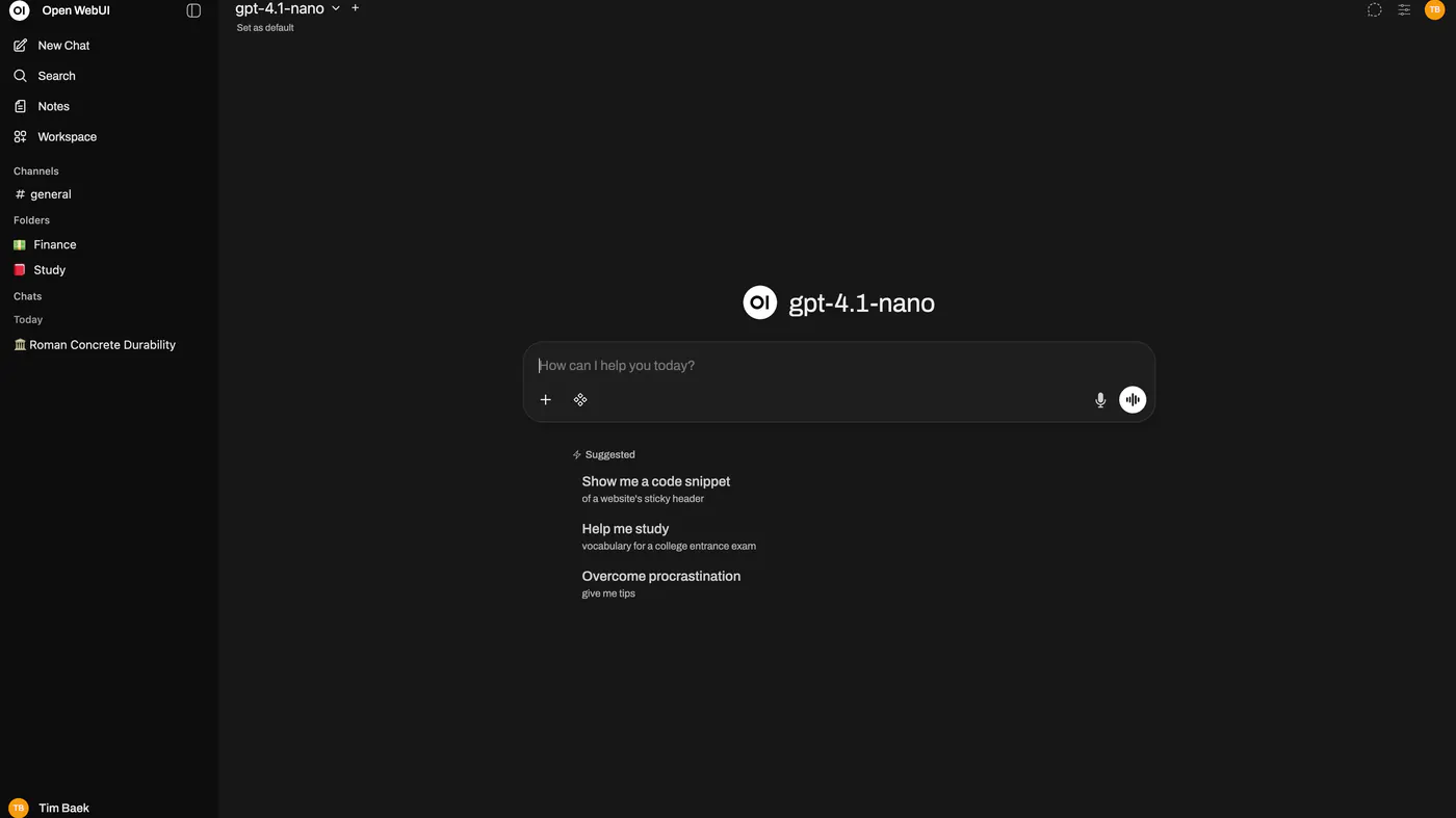 Open WebUI chat: sidebar, model picker, How can I help you today?