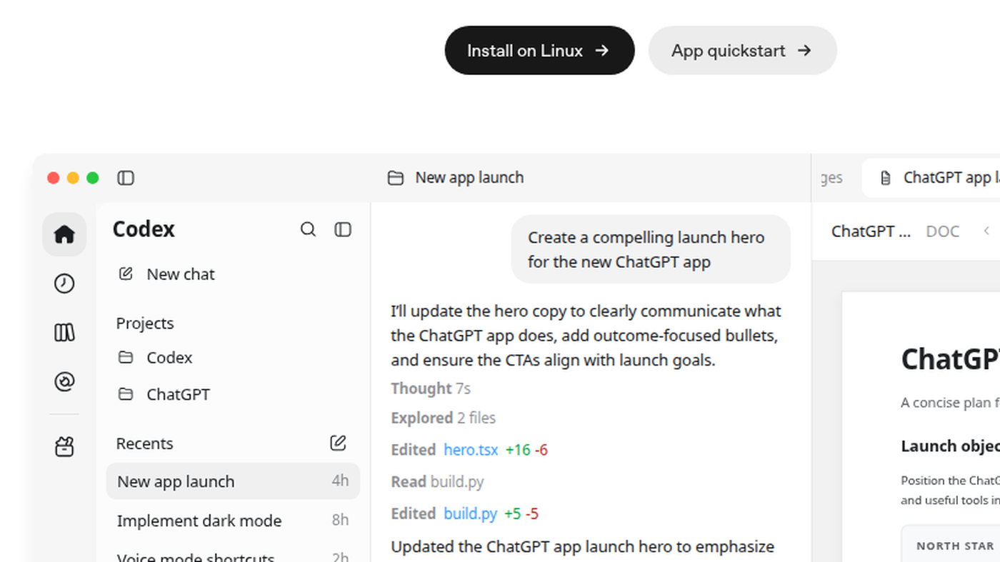 OpenAI Codex app: Projects rail, New app launch thread, file diffs