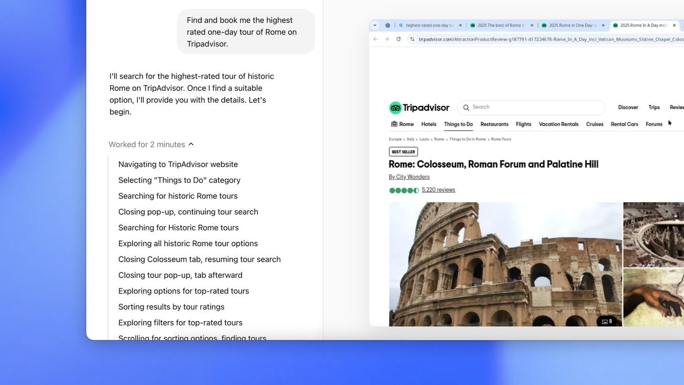OpenAI Operator: task prompt, step log, and live Tripadvisor tab OpenAI Operator: task prompt, step log, and live Tripadvisor tab