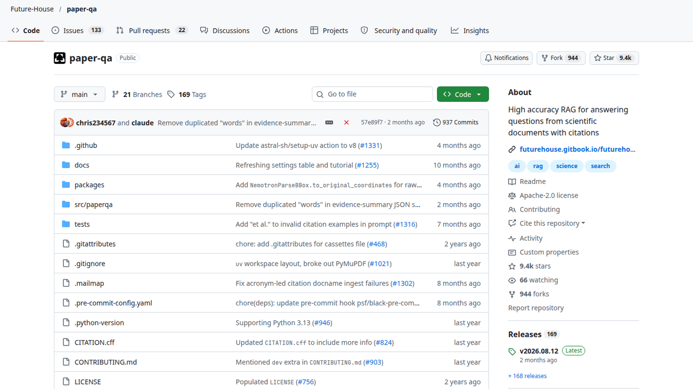 FutureHouse paper-qa GitHub file list: src/paperqa, Apache-2.0 license