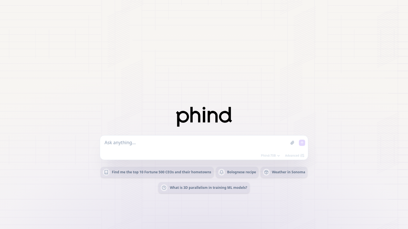 Phind signed-out composer: Ask anything, Phind-70B / Advanced chips
