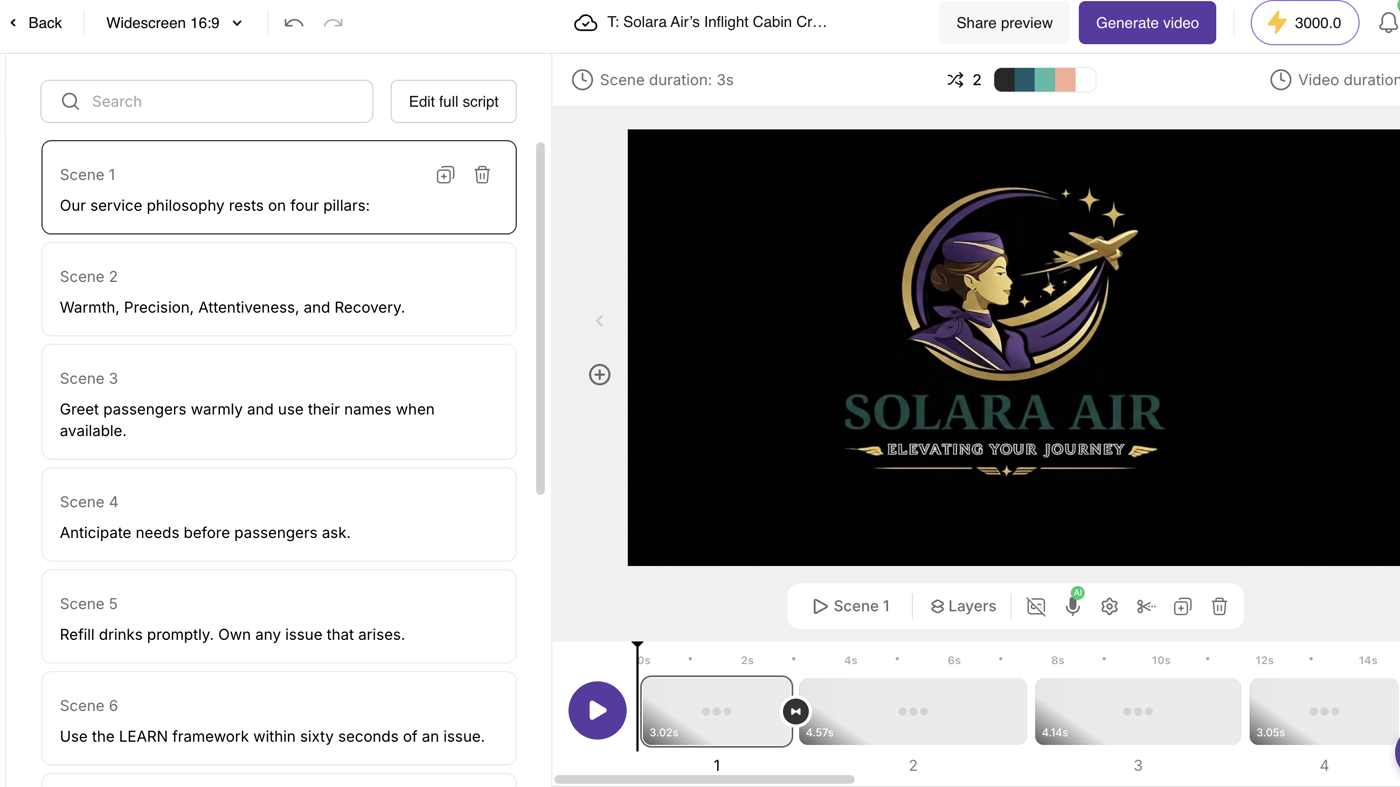 Pictory storyboard editor: scene list, Solar Air preview, thumbnail timeline