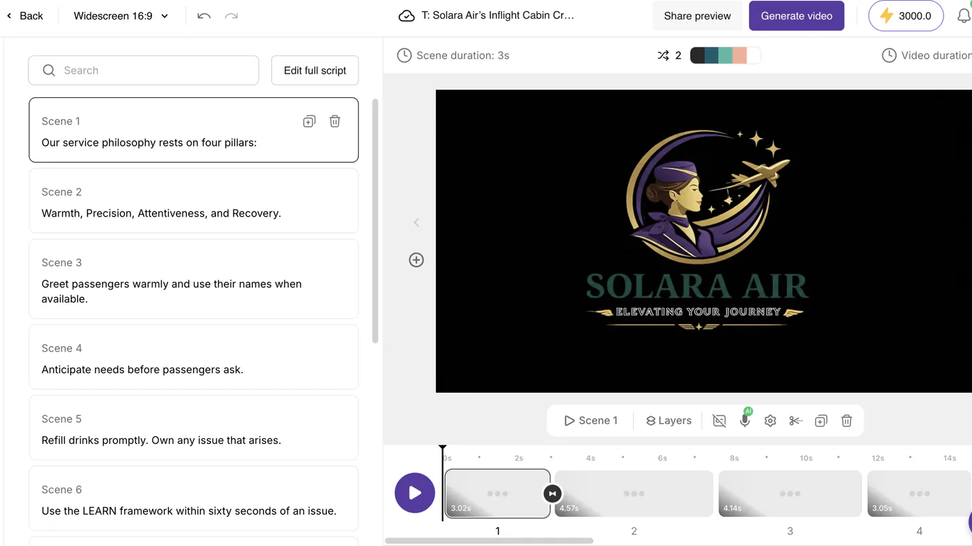Pictory storyboard editor: scene list, Solar Air preview, thumbnail timeline