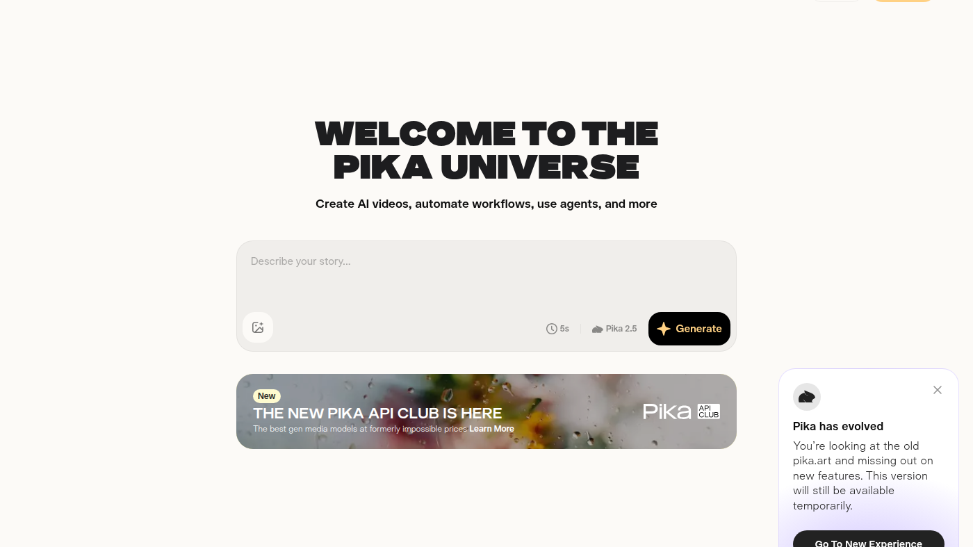 Signed-out old.pika.art composer: Describe your story and Generate Pika 2.6