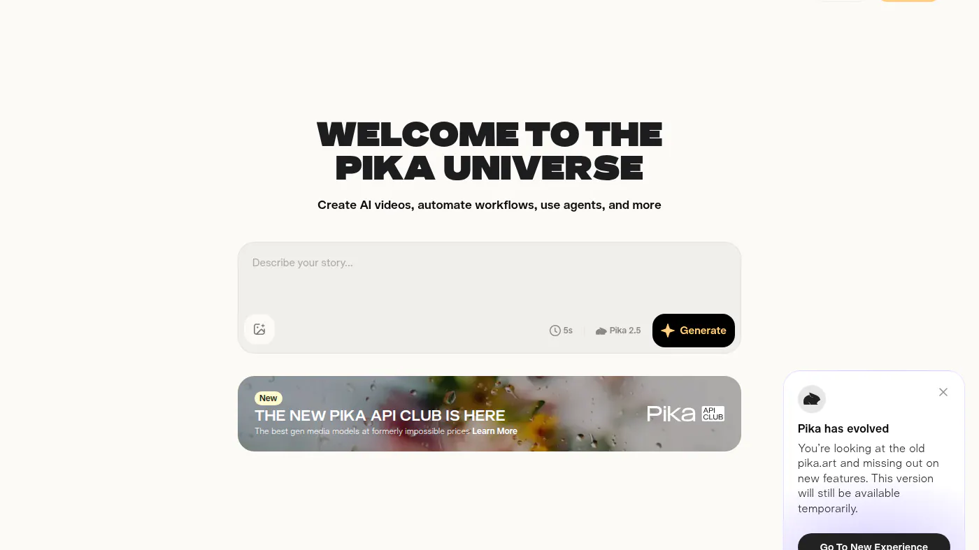 Signed-out old.pika.art composer: Describe your story and Generate Pika 2.6