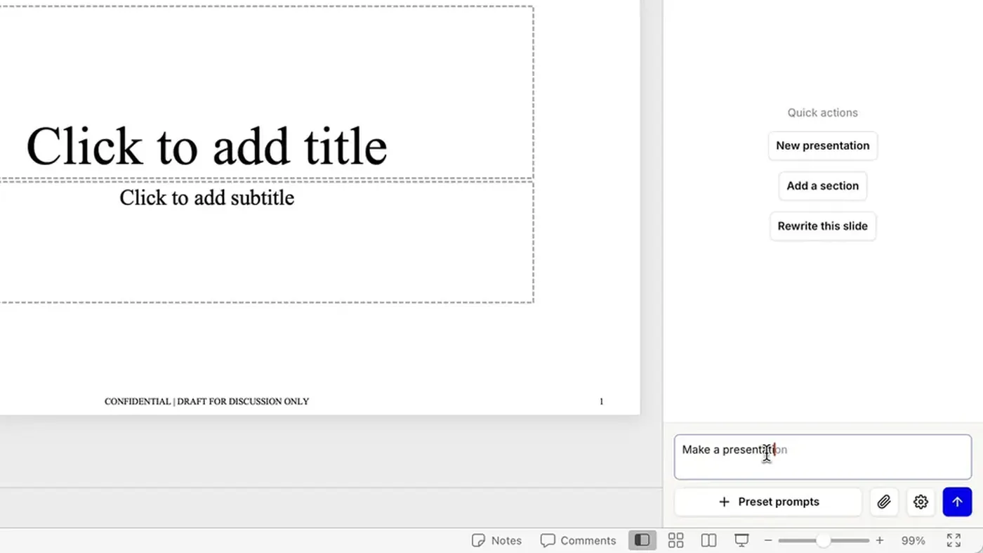 Plus AI slide canvas: Click to add title, Rewrite this slide, Make a presentation