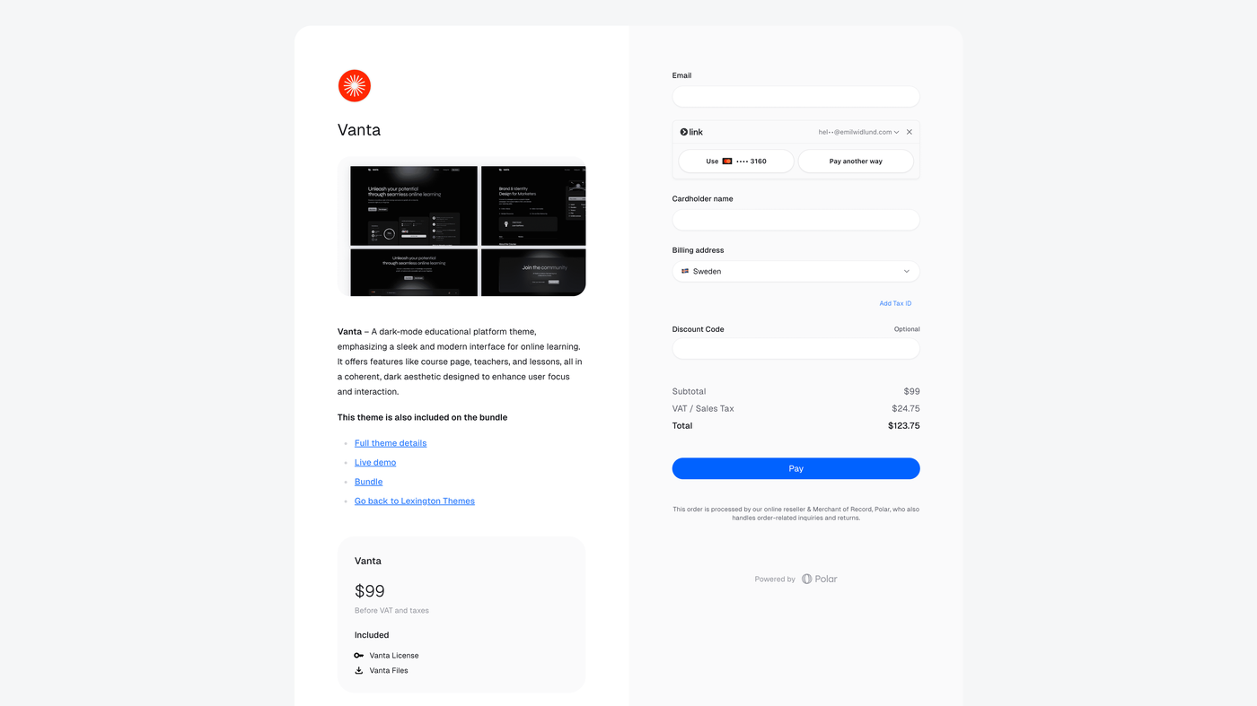 Polar checkout: product card, email, card, tax, and Pay button