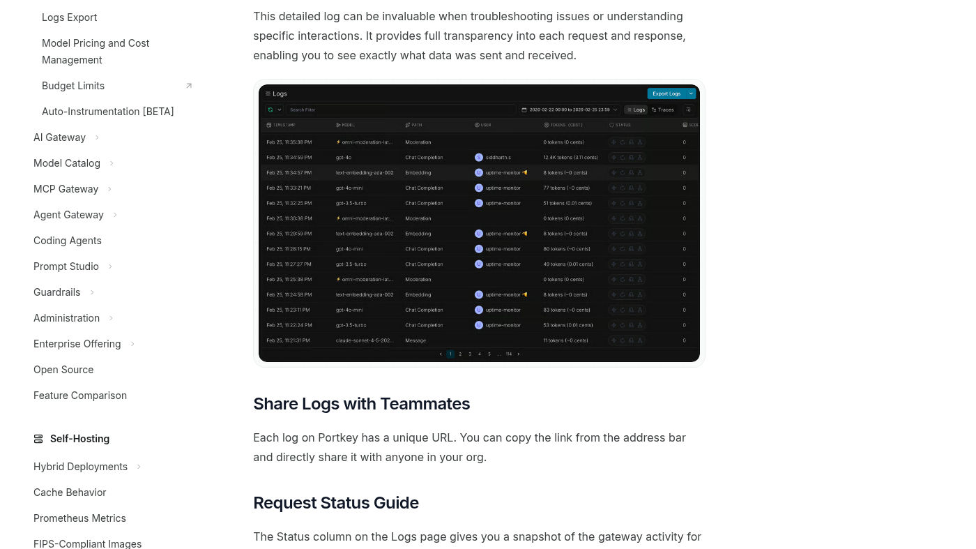 Portkey official Logs table: timestamps, models, tokens, Export Logs