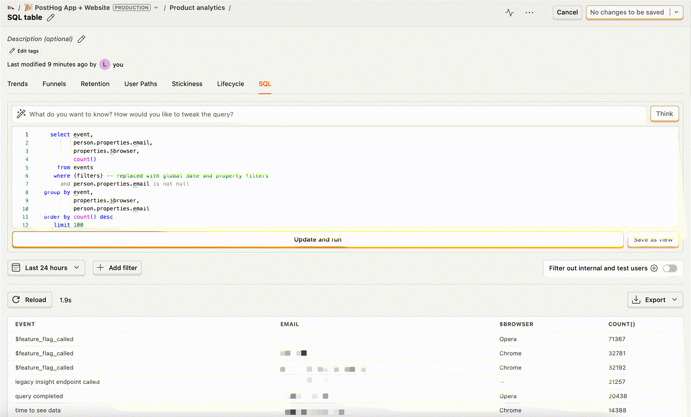 Product UI of PostHog