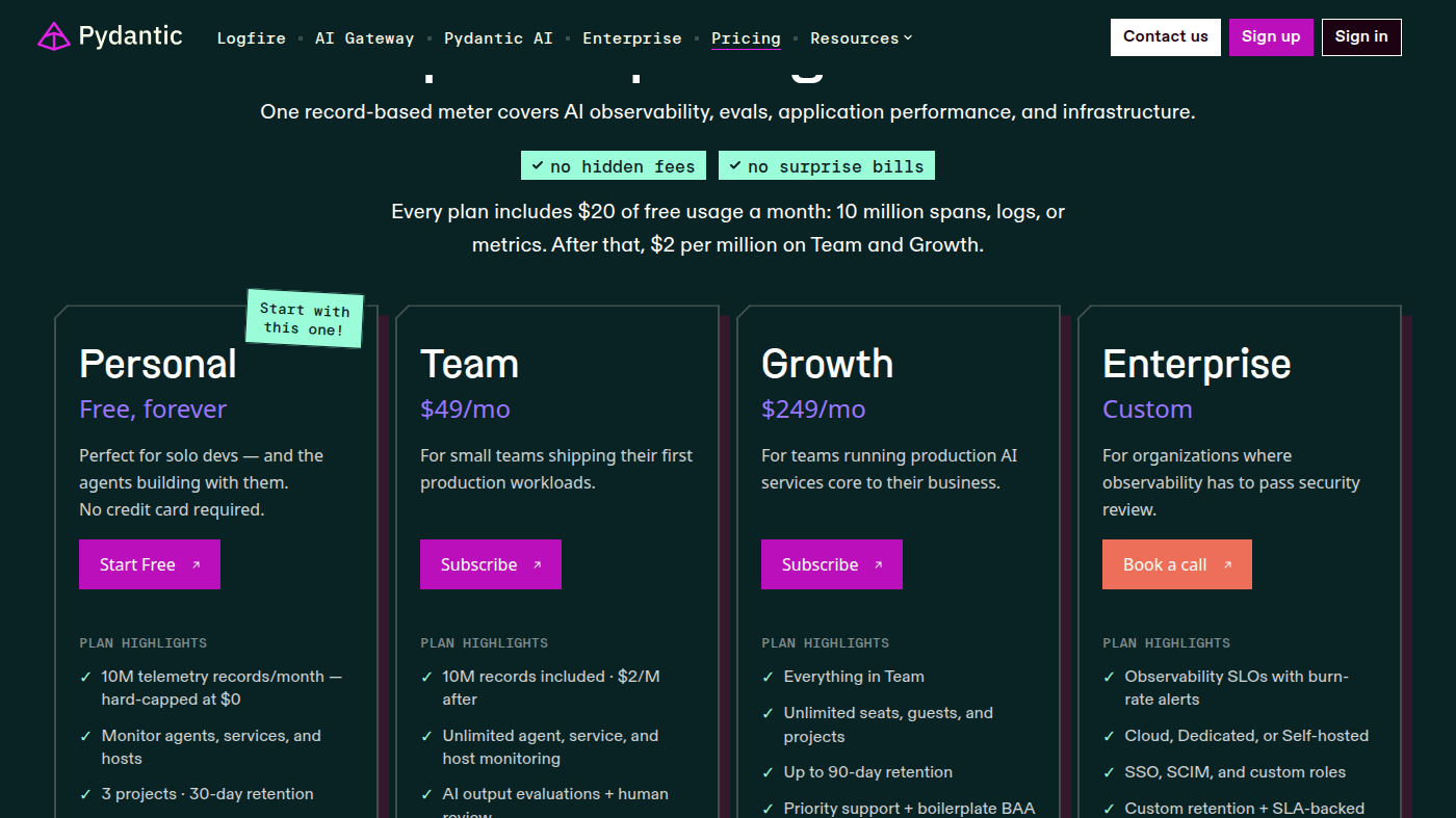 Pydantic Logfire official plans: Personal Free, Team $49/mo, Growth $249/mo