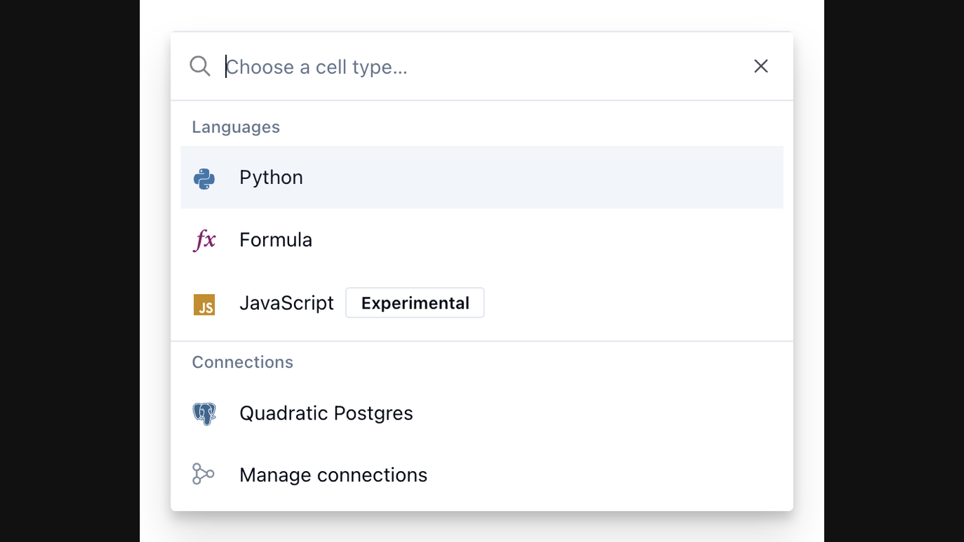 Quadratic docs cell-type picker: Python, Formula, JavaScript, Quadratic Postgres