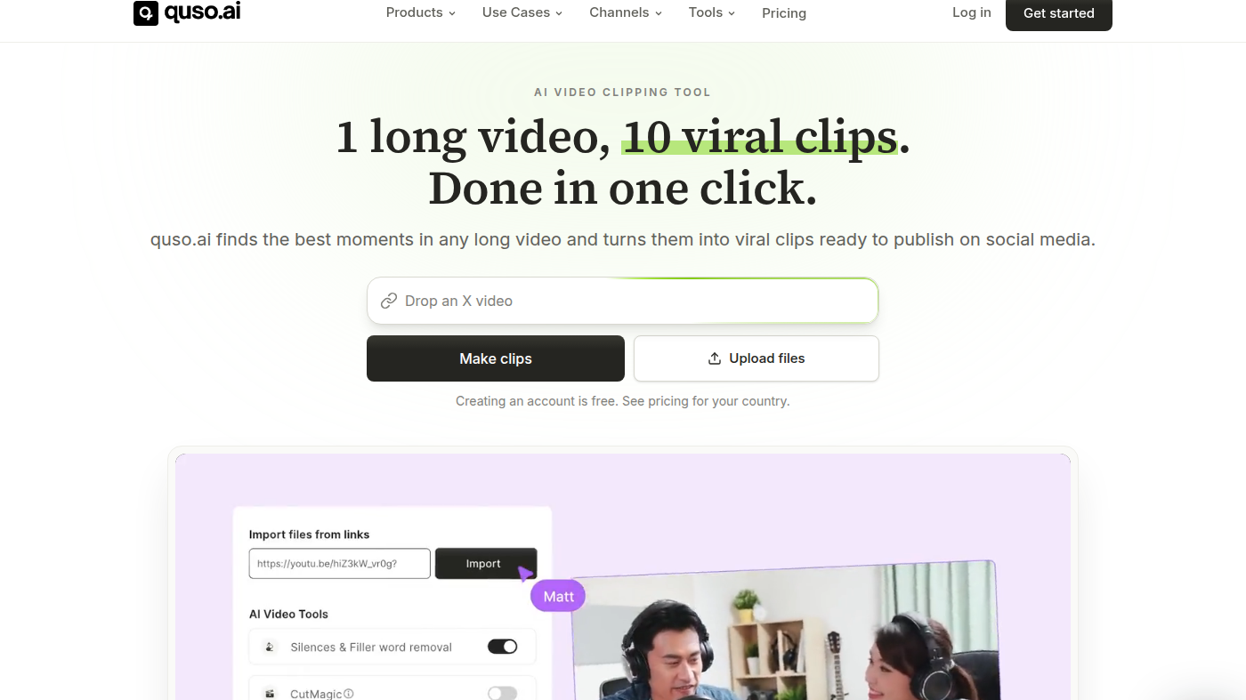 quso.ai homepage import workspace: YouTube URL, Silence and filler toggle, CutMagic, talking-head still