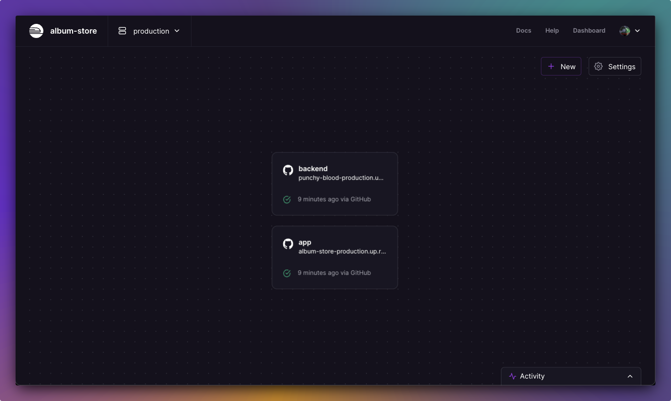 Railway project canvas: albumum-store production with backend and app service cards from GitHub