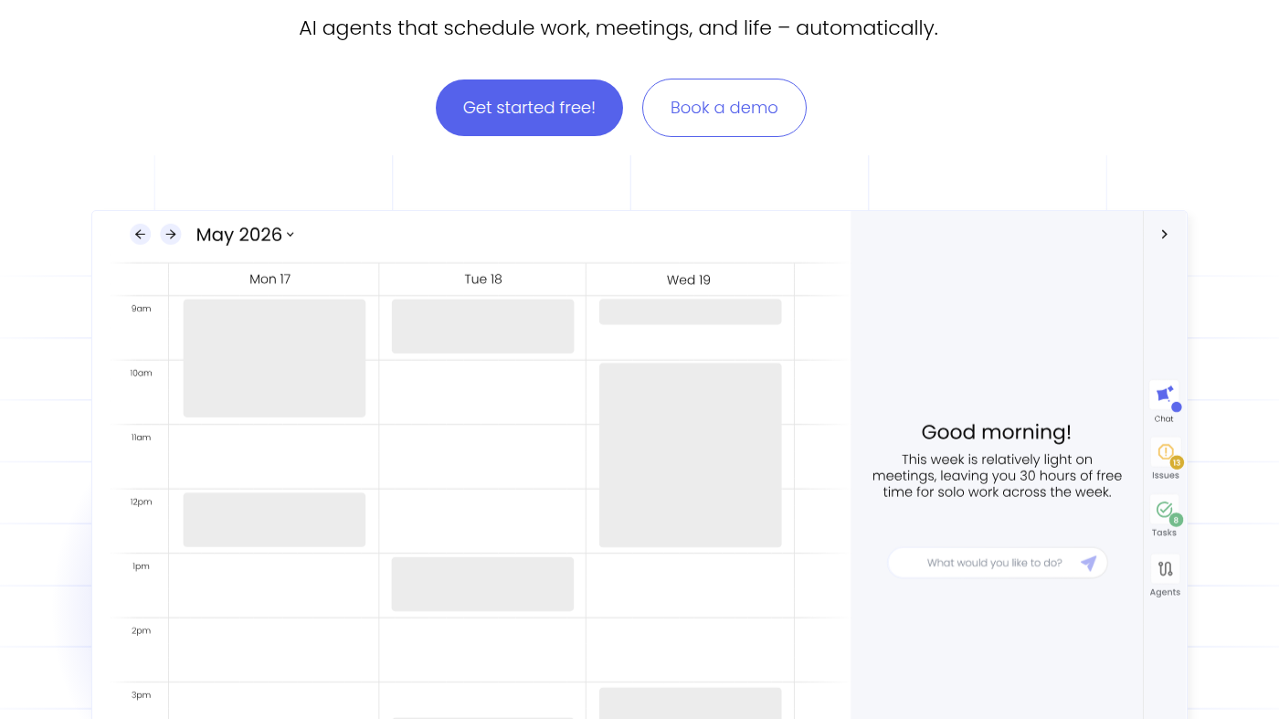 Reclaim.ai calendar: week grid, agent sidebar, Good morning focus prompt