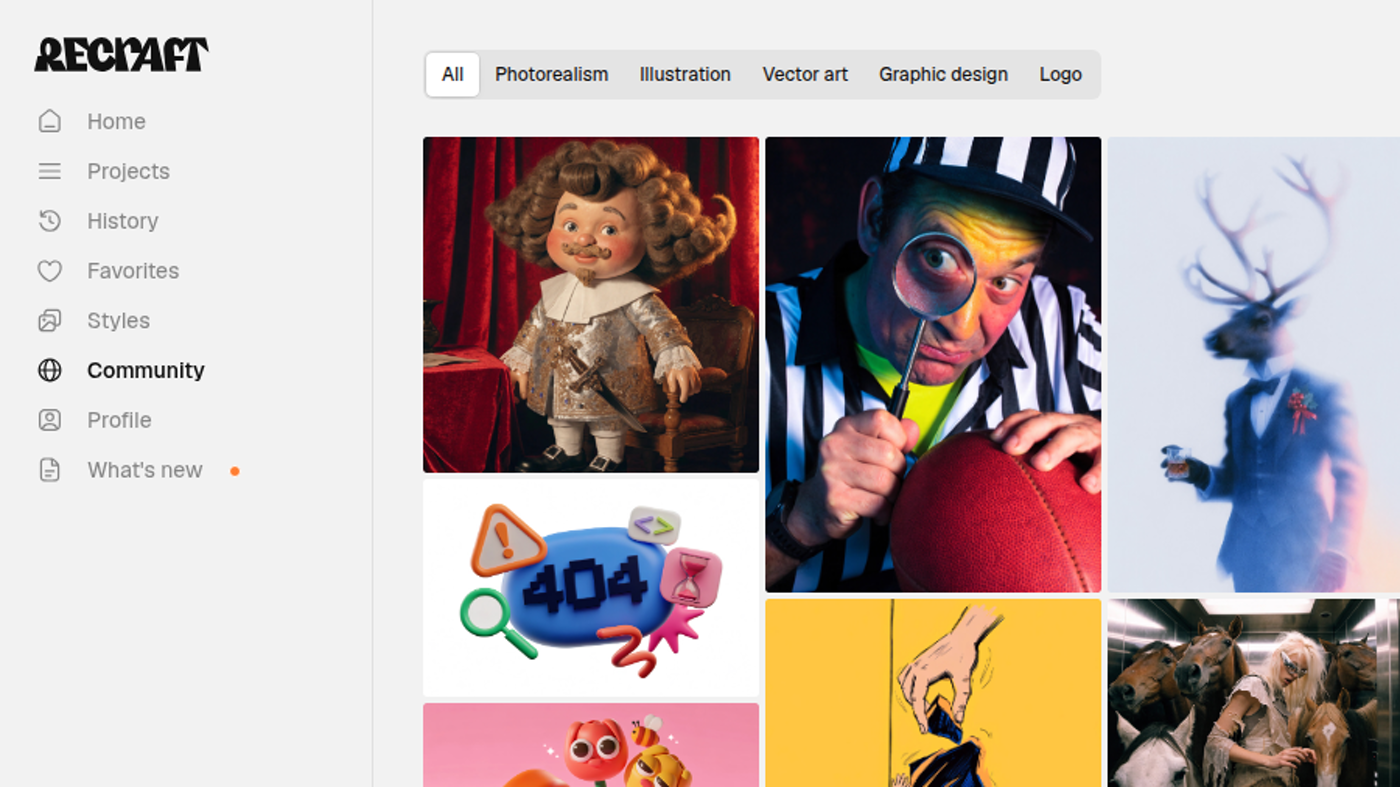 Recraft Community grid with style filters and Studio sidebar