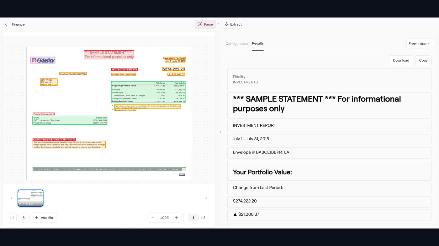 Reducto Studio Parse: Fidelity sample statement, bounding boxes, Results markdown