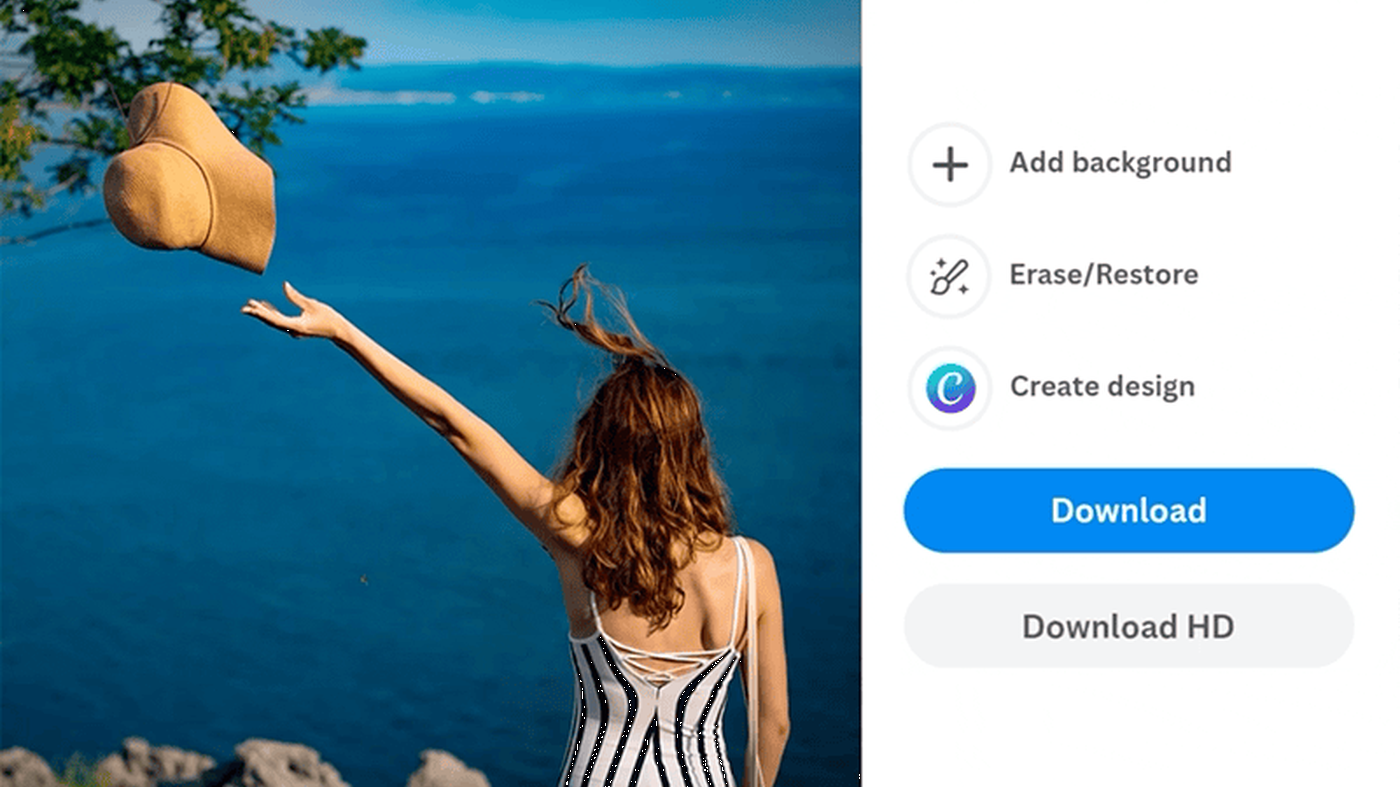 remove.bg editor after cutout: Add background, Erase/Restore, Download and Download HD