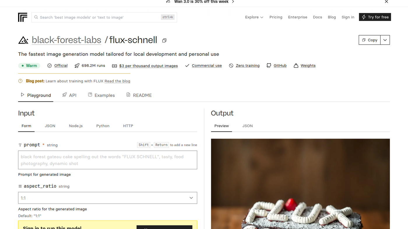 Replicate Flux Schnell playground: prompt input and cake output