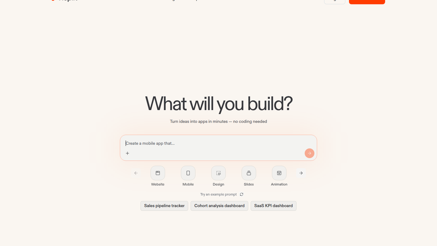 Replit Agent composer: What will you build? with Website and Mobile chips
