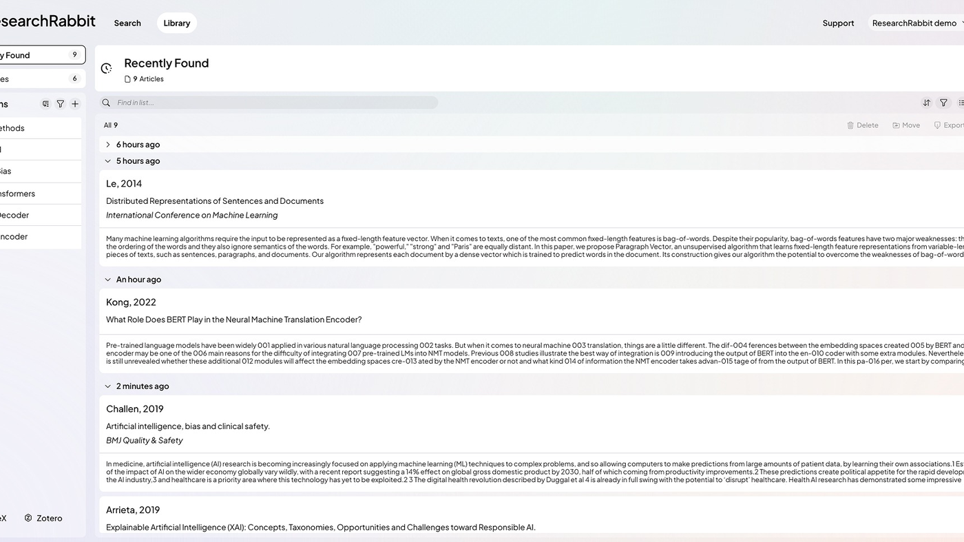 ResearchRabbit library: Recently Found, collections, BibTeX and Zotero