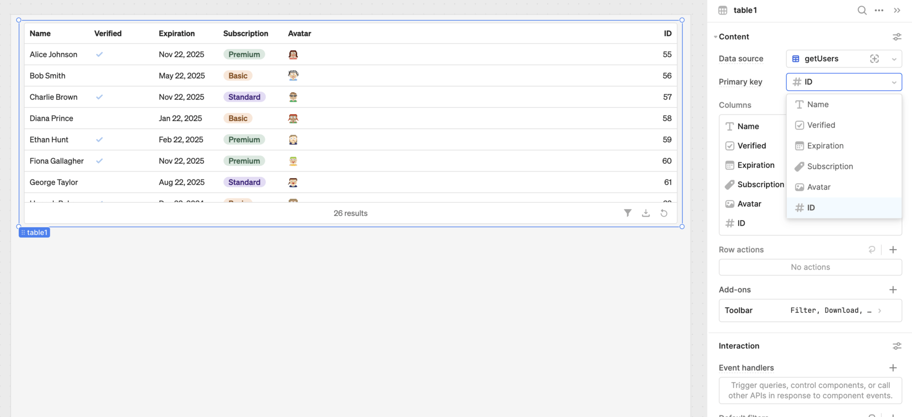 Retool Table: Alice Johnson and Bob Smith subscription rows, 26 results, getUsers