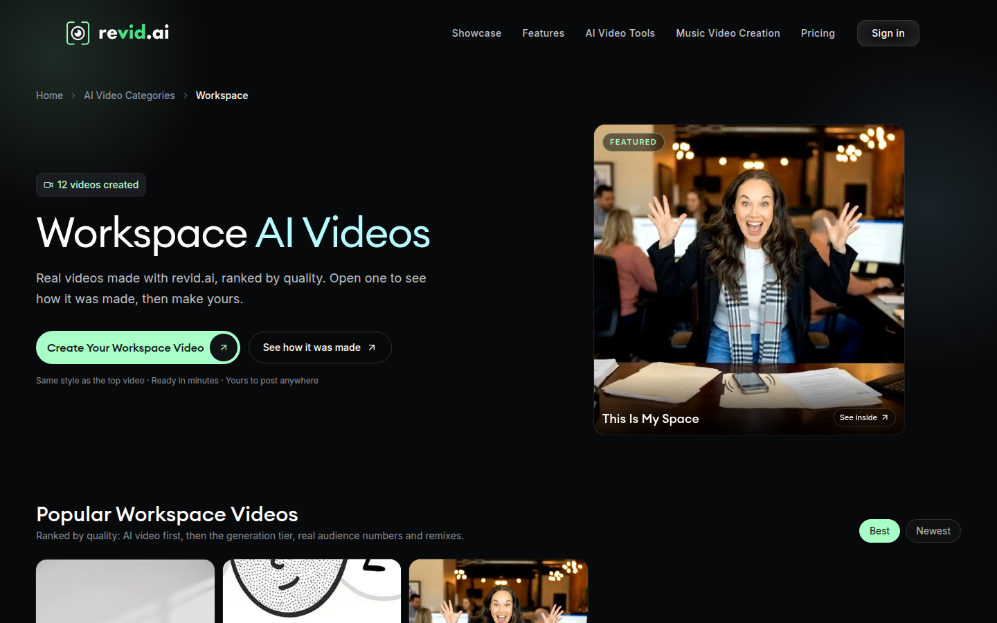 Revid official generated-result gallery: Workspace AI Videos with a live clip