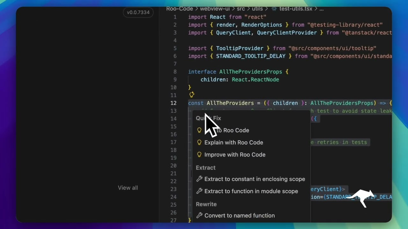 Roo Code Quick Fix: To / Explain / Improve with Roo Code on TypeScript Roo Code Quick Fix: To / Explain / Improve with Roo Code on TypeScript