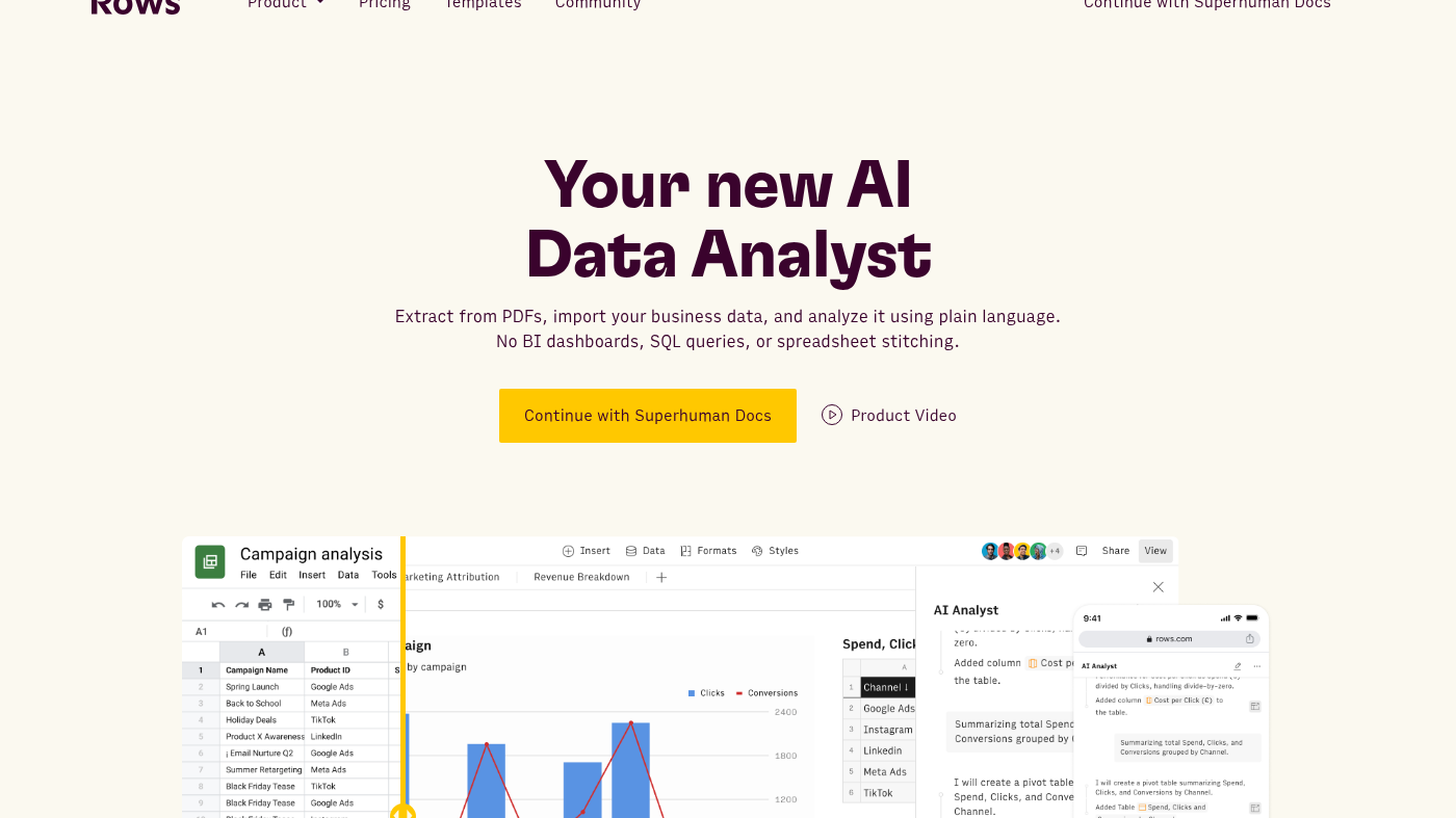 Rows homepage spreadsheet: Campaign analysis grid and AI Analyst pane